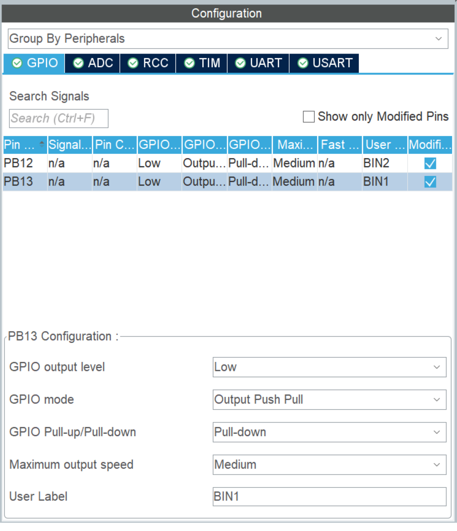 这里的GPIO的Bin1和Bin2可以打个标签区分一下, 同时两个都Pull Down(对应的状态是 电机停止)